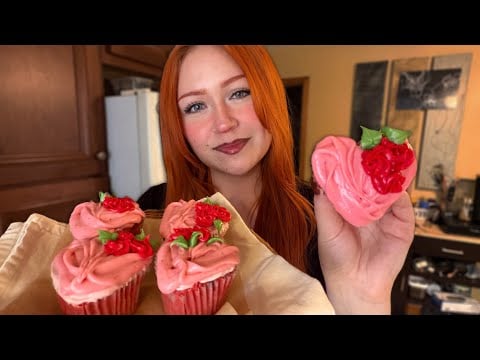ASMR Baking Strawberry Heart-Shaped Cupcakes 🍓 (Close Whispers, Fire Crackling)