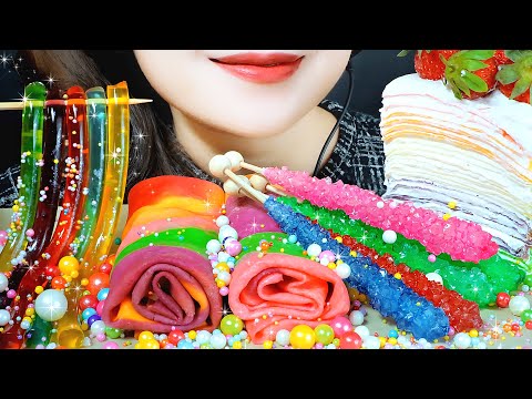 ASMR RAINBOW FOOD PLATTER * EDIBLE TOWEL,JELLY NOODLES,CREPES CAKE,CRYSTAL ROCK CANDY | LINH-ASMR 먹방