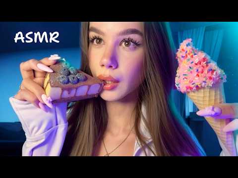 ASMR FAKE FOOD 🍫🍓🍩 Sleepy mouth sounds, mukbang & eating (icecream, lollipop, cake, donut etc.) 😋