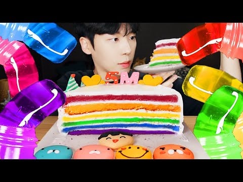 ASMR MUKBANG | 직접 만든 갤럭시 꿀젤리 레인보우 디저트 먹방 케이크 마카롱 초콜릿 & RAINBOW DESSERT HONEY JELLY CANDY