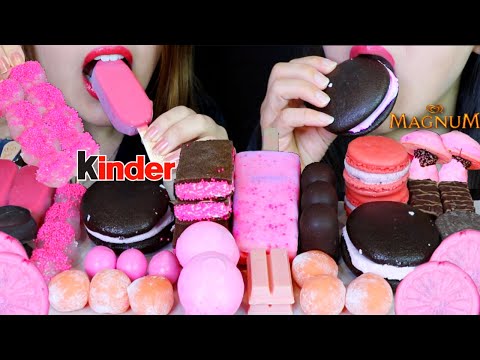 ASMR PINK MAGNUM ICE CREAM, CHOCOLATE WHOOPIE PIE, DANGO, MARSHMALLOW MOCHI, MACARON, KINDER CAKE 먹방