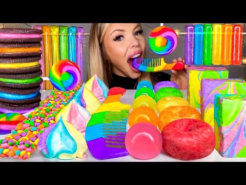 ASMR MOST POPULAR RAINBOW FOOD, EDIBLE COMB, MERINGUE KISSES, OREO, LOLLIPOP, NERDS JELLY MUKBANG 먹방