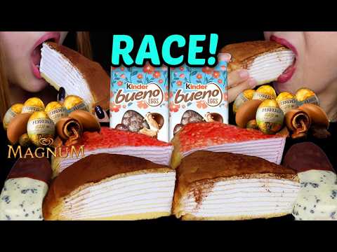 ASMR RACE KINDER VS FERRERO ROCHER MINI EGGS, CREPE CAKES, MAGNUM OREO ICE CREAM BARS 먹방