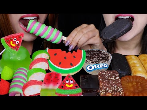 ASMR WATERMELON VS CHOCOLATE DESSERTS (TWIST POP, GUMMY STICK, CANDY SUSHI, REESE'S ICE CREAM BAR