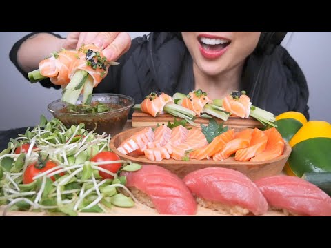 SASHIMI PLATTER (TUNA, SALMON + FRESH VEGGIES) ASMR EATING SOUNDS | NO TALKING | SAS-ASMR