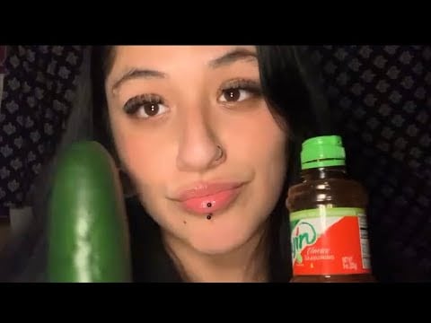 Asmr Cucumber 🥒 with Tajín😋 *late night snack before bed 😴 #asmrmouthsounds #asmrfyp #asmrfood 