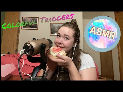 Colorful Triggers ASMR | wood sounds, eating, pen nibbling