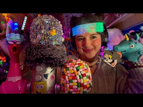 Mouth sounds, ice cream, purrs, car ride, polly, mic covers, unicorn, tapping, finger lights/ fluffy