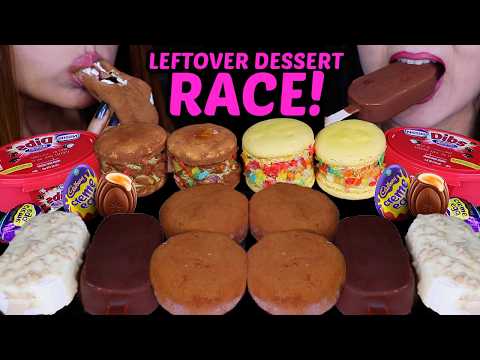 ASMR LEFTOVER DESSERT RACE! BIG CHOCOLATE FRESH CREAM MOCHI, CRUNCHY ICE CREAM BARS, MACARONS 먹방