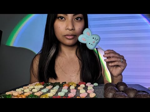 ASMR Eating Sour Patch Gummies, Haribo Bunny Gummies , Marshmallow Eggs (Chewy Sticky Sounds)
