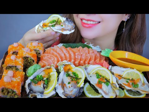 ASMR RAW OYSTERS WITH PONZU SAUCE , SALMON SASHIMI , SUSHI ROLL  EATING SOUNDS | LINH-ASMR