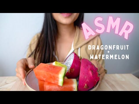 ASMR FRUIT EATING (DRAGONFRUIT, WATERMELON) WITH STREET/AIRPLANE SOUNDS| PLANT-BASED🍴- RAINEE ASMR