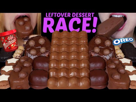 ASMR LEFTOVER DESSERT RACE! GIANT BUBBLY CHOCOLATE, BIG MALTESERS ICE CREAM, DONUT, MARSHMALLOW 먹방