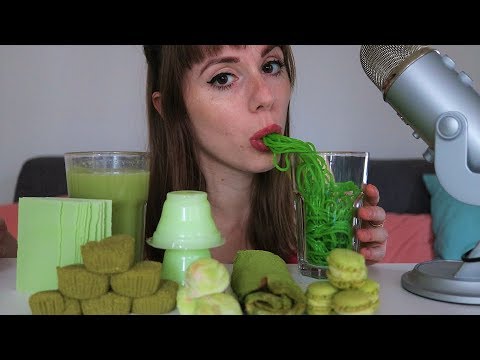 ASMR GREEN FOOD PLATTER (CREPE CAKE, MOCHI, MACARONS THAI PUDDING)