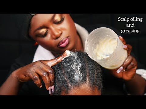 Asmr✨Intense and deep Scalp greasing and oiling between my sis cornrows, with gum cracking.