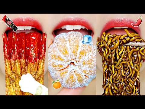 asmr 10 MINUTES EMOJI FOOD LIP SMACKING Spicy Buldak & Frozen Fruit Compilation eating sounds