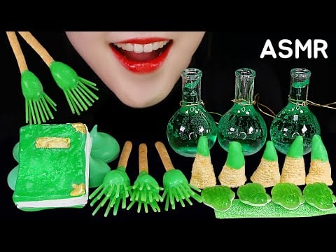 GREEN FOOD ASMR WITCH FOOD, EDIBLE BROOMSTICK, EDIBLE BOOK, EDIBLE NAIL MUKBANG NO TALKING