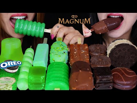 ASMR GREEN VS CHOCOLATE DESSERTS (DOUBLE MAGNUM ICE CREAM BAR, BEAN JELLY, CRYSTAL MARSHMALLOW, OREO