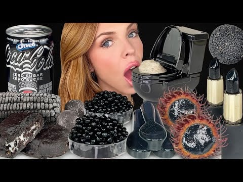 ASMR MUKBANG, Black Dessert, Frozen Corn, Rambutan Jelly, Black Sesame Marzipan, Toilet Drink 먹방