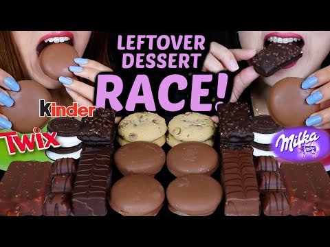 ASMR LEFTOVER DESSERT RACE! MILKA CHOCO CAKE, TWIX COOKIES, CARAMEL CAKE BARS, MINI KINDER BUENO 먹방