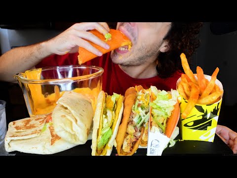 TACO BELL CHEESE SAUCE FEAST ! TACOS, BURRITOS, NACHO FRIES * ASMR NO TALKING * | NOMNOM