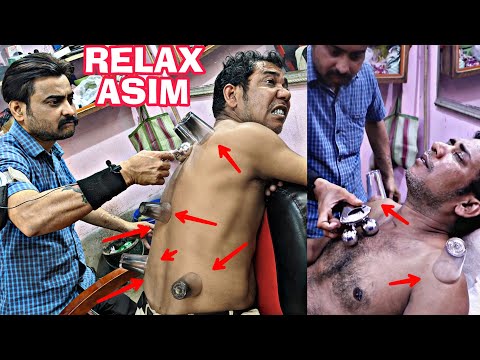 Burning cup therapy and body massage on asim barber  | asmr instrument chest and back body massage