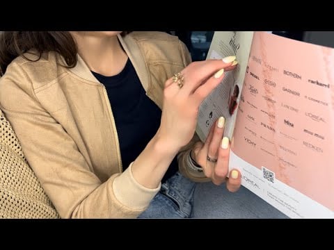 ASMR page turning glossy beauty magazine, close up and sharing thoughts