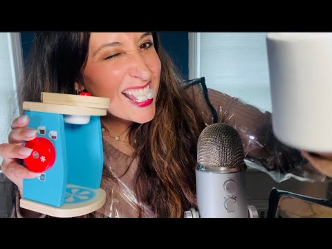 Lady in a Crinkle Coat Serves you Wooden Coffee ASMR Gum Chewing Roleplay