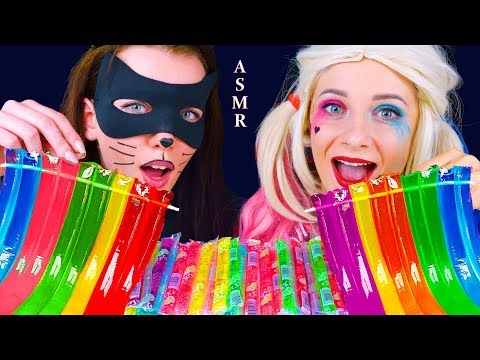 ASMR JELLY NOODLES (JELLY STRAWS) SUPER CAT VS HARLEY QUINN  | EATING SOUNDS LILIBU