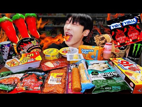 ASMR MUKBANG | 편의점 직접 만든 불닭볶음면 매운 젤리 디저트 먹방 & 레시피 FIRE NOODLES JELLY EATING