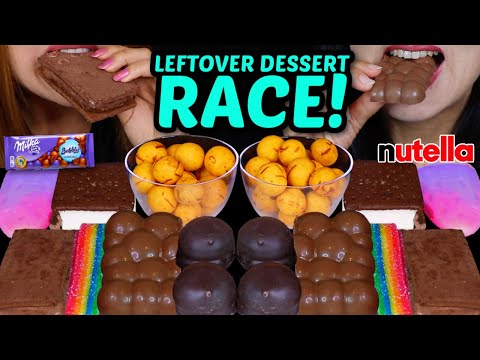 ASMR LEFTOVER DESSERT RACE! MILKA BUBBLY CHOCOLATE, NUTELLA, RAINBOW SOUR GUMMY, CHOCOLATE CAKE 먹방