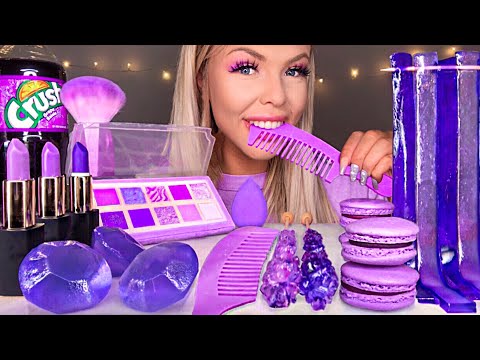 ASMR *PURPLE FOOD* EDIBLE HAIR COMB, LIPSTICK, EYESHADOW PALETTE, JEWELS, JELLY NOODLES MUKBANG 먹방