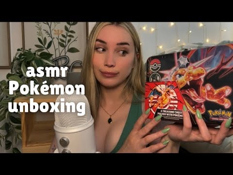 ASMR opening the Charizard collector chest tin! (Pokémon pack opening, whispers, packaging triggers)
