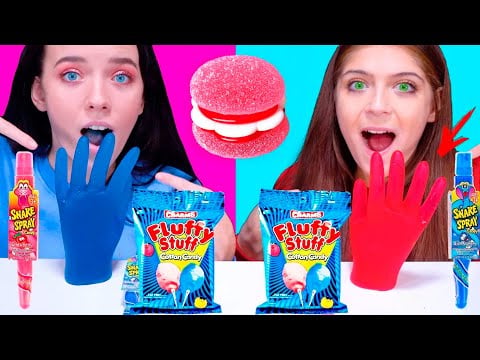 ASMR Blue & Pink Food Cotton Candy Race, Bubble Gum Powder, Sour Spray MUKBANG 먹방 Compilation