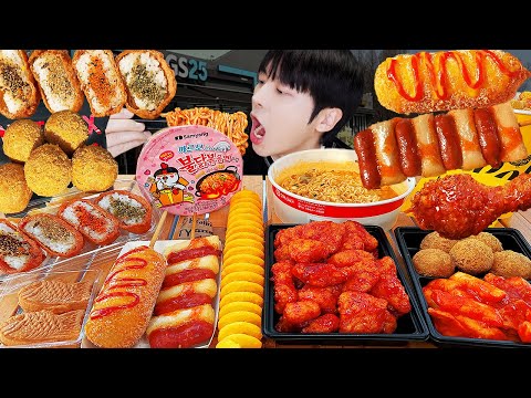 ASMR MUKBANG | 편의점 라면 떡볶이 BHC 양념치킨 치즈볼 디저트 먹방 & BHC FRIED CHICKEN DESSERT EATING
