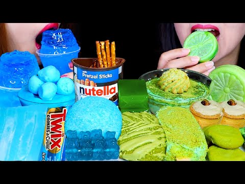 ASMR BLUE VS GREEN DESSERTS (TWIX CANDY ICE CREAM, NUTELLA, SNOBALL, PUDDING, GUMMY, CAKE, JELLY) 먹방