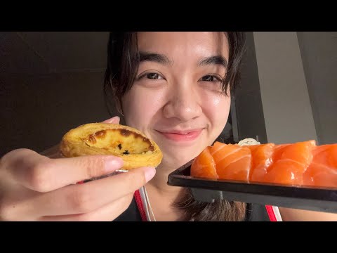 ASMR Sleep eating salmon and egg tart 😋 กินแซลม่อนและทาร์ตไข่ก่อนนอน😴