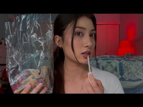 ASMR Gummy Eating + Lipgloss Application (whispering, chewing, tapping)