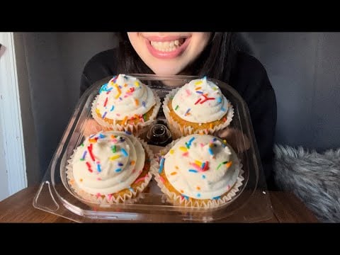 CUPCAKE PARTY ASMR EATING *BIRTHDAY CAKE FLAVOR EDITION*