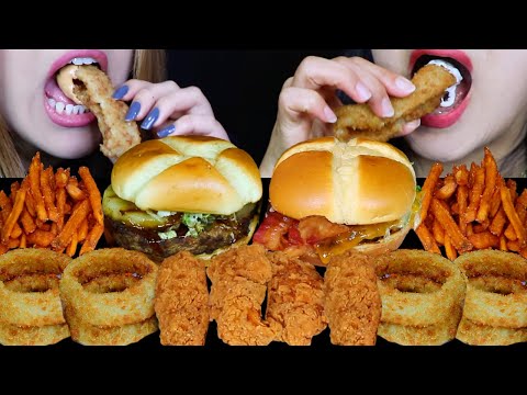 ASMR GIANT CRUNCHY ONION RINGS, FRIED CHICKEN TENDERS, BACON CHEESEBURGERS, SWEET POTATO FRIES 먹방