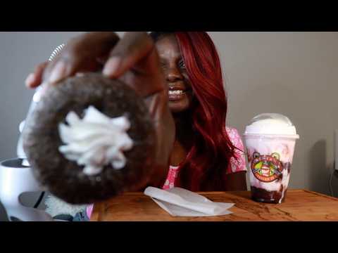 Dunkin Donuts Chocolate Cream Donut And A Black Cherry Treat ASMR Eating Sounds