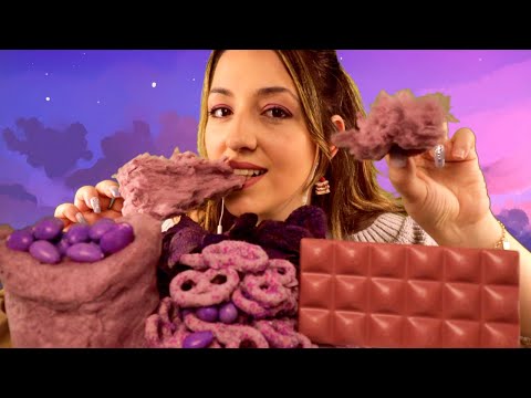 Türkçe ASMR | MOR YİYECEKLER | Çikolata, Pamuk Şeker, Cips, Pretzel | MUKBANG Türkçe YEMEK Sesleri