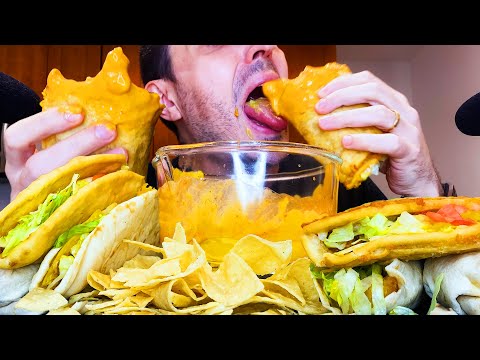 TACO BELL CHEESE SAUCE FEAST ! TACOS, BURRITOS, NACHOS, MOUNTAIN DEW * ASMR NO TALKING * | NOMNOM