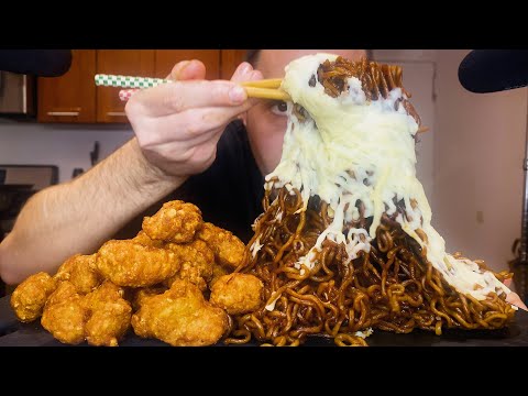 CHEESY BLACK BEAN NOODLES + FRIED CHICKEN | ASMR MUKBANG