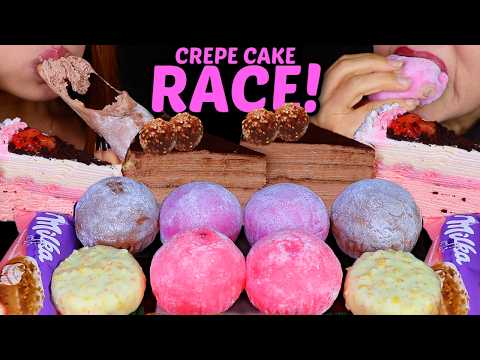 ASMR CREPE CAKE & BIG CREAM MOCHI RACE! Nutella Dubai chocolate, Milka ice cream, Ferrero ice cream