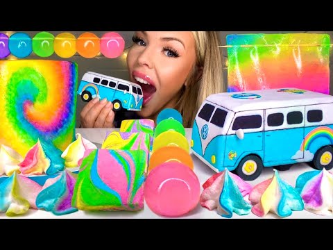 ASMR TIE DYE CAKE, EDIBLE VOLKSWAGEN HIPPIE VAN, MERINGUE KISSES, TIE DYE MARSHMALLOWS, MUKBANG 먹방