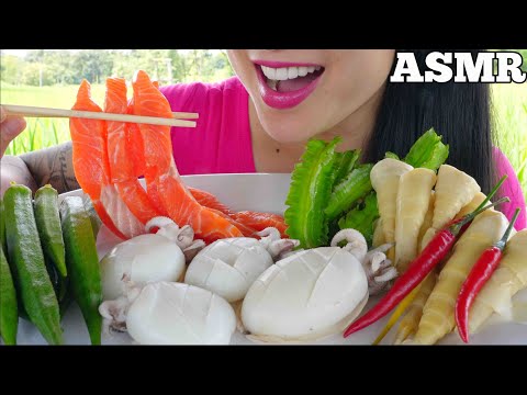 ASMR CUTTLEFISH + SALMON SASHIMI + SEAFOOD SAUCE (EATING SOUNDS) *OUTSIDE NATURE SOUNDS | SAS-ASMR