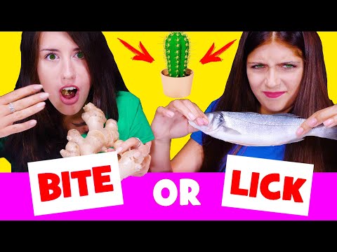 BITE OR LICK ASMR FOOD CHALLENGE (Cactus, Fish, Onion, Watermelon, Cake)