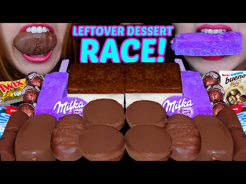 ASMR SHOCKING LEFTOVER DESSERT RACE! TWIX CARAMEL EGGS, MILKA CAKES, KINDER BALLS, DOVE ICE CREAM 먹방