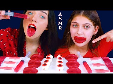 ASMR RED CANDY WAX LIPS, GIANT JELLO SHOOTER, GUMMY EYEBALLS, NIK-L-NIP BOTTLES | MUKBANG